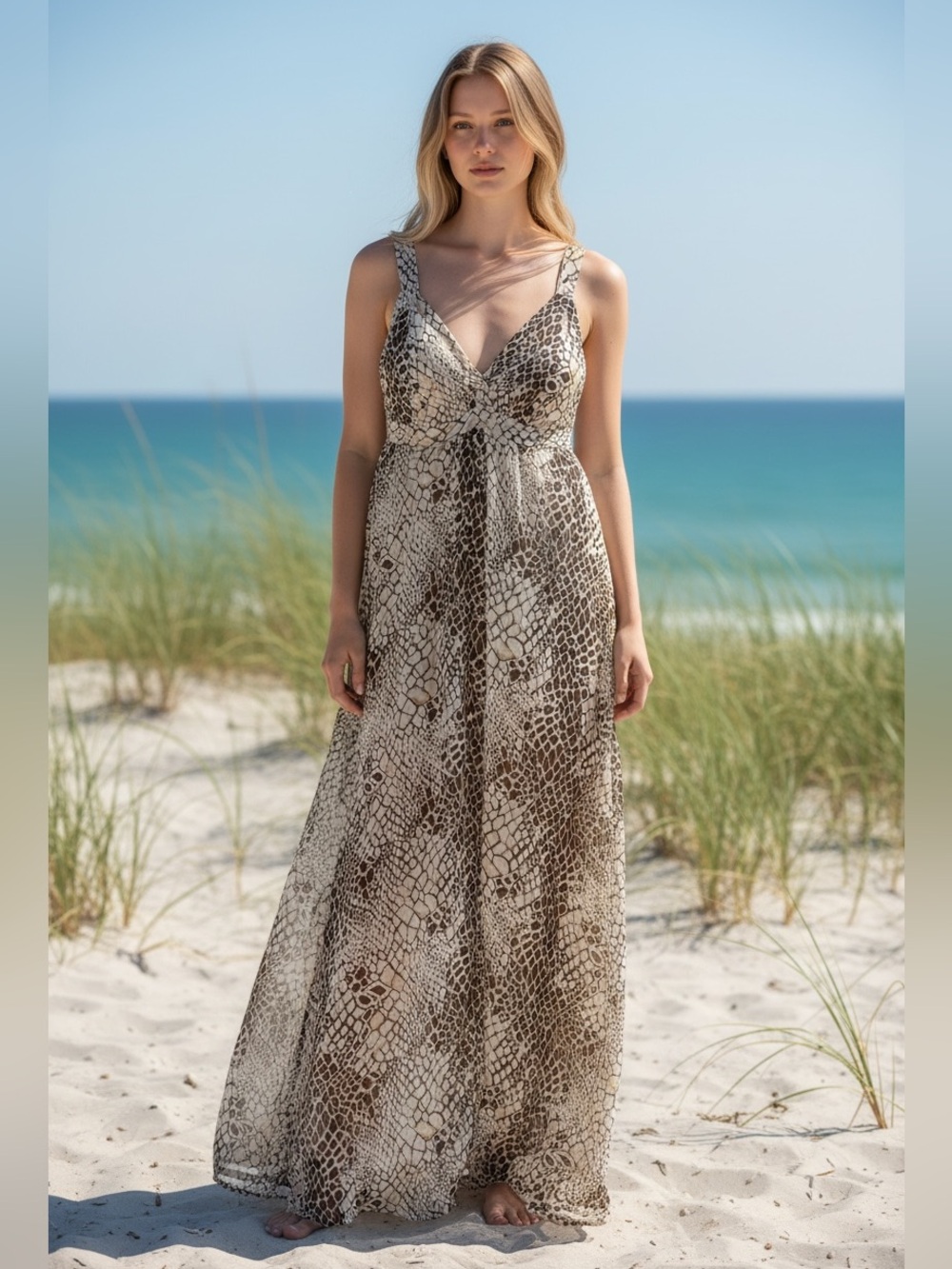 ONDADEMAR Cream and Brown Snake-Print Maxi Dress with V-Neck